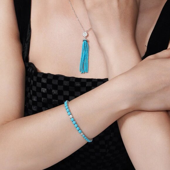 Silver 925 Rhodium Plated Turquoise and Clear CZ 5mm Tennis Bracelet